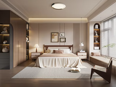 Modern Bedroom Interior Design With Cozy Bedside Tables Lamps And Decorative Paintings 3d model
