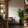 Rustic Restaurant Interior Featuring Wooden Columns Bookshelves Sofa Seating And Green Plants