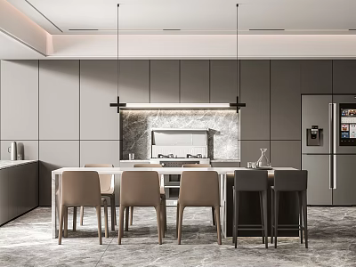 Modern Restaurant Kitchen With Open Concept Island Counter And Dining Chairs 3d model