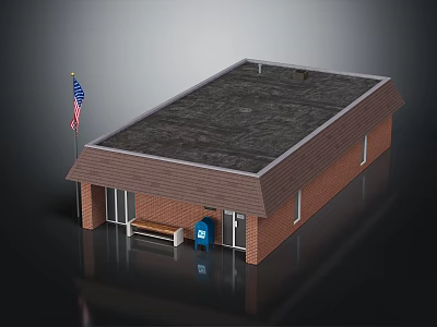 Small Brick Building with Dark Roof and American Flag Front Bench and Blue Mailbox Exterior 3d model