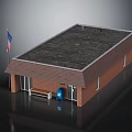 Small Brick Building with Dark Roof and American Flag Front Bench and Blue Mailbox Exterior