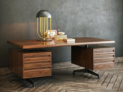 Wooden Office Desk With Modern Gold Stand Lamp Books And Drawers 3d model