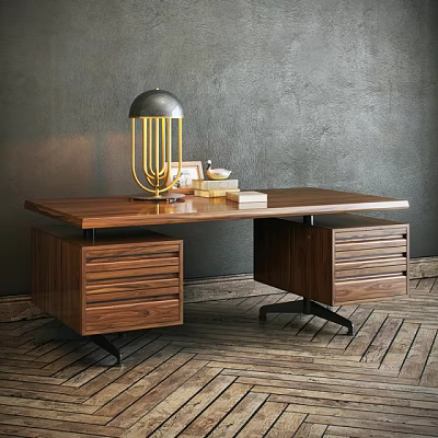 Wooden Office Desk With Modern Gold Stand Lamp Books And Drawers 3d model