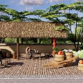 Rural Landscape Featuring Thatched Roof Pavilion Person Sitting By Wooden Barrels With Fruits And Trees