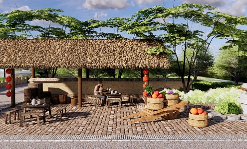 Modern Courtyard Rural Park Landscape Thatched Pavilion Rest Pavilion Rest Station Tea Stall Farm Tools Sits Rural Garden 3d model