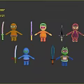 Colorful Cartoon Characters Holding Various Weapons in Different Colored Outfits on Dark Reflective Background