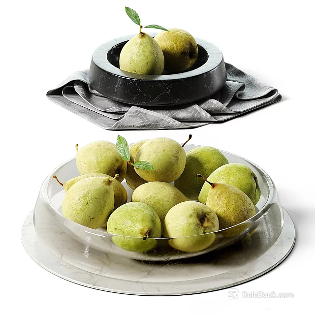 Fresh Pears Displayed in Transparent Glass Bowl and Black Bowl with Green Leaf 3d model 