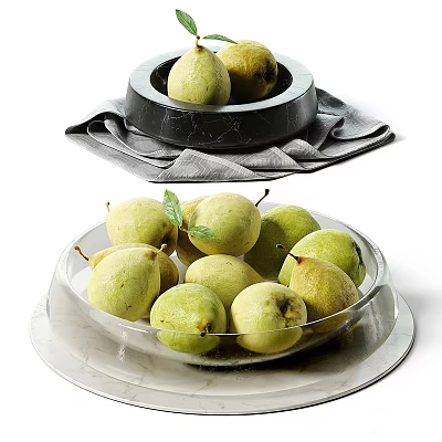 Fresh Pears Displayed in Transparent Glass Bowl and Black Bowl with Green Leaf 3d model