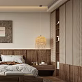 Modern Bedroom With Wooden Headboard Rattan Pendant Lights Textured Rug Decorative Painting And Window Plants