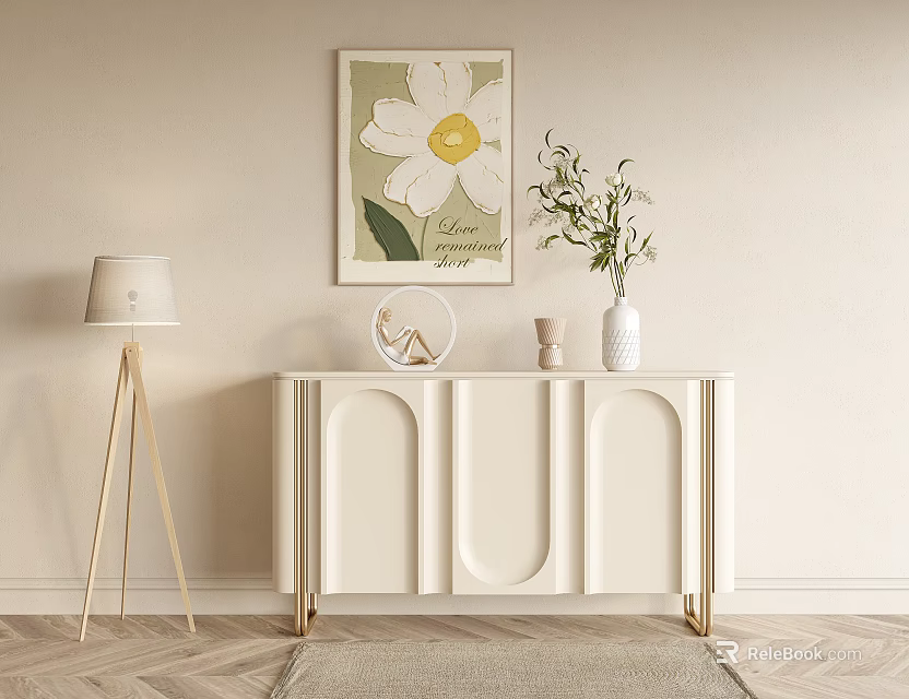 White Decorative Console Cabinet With Gold Legs Floral Wall Art And Wooden Floor Lamp 3d model 