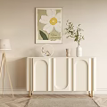 White Decorative Console Cabinet With Gold Legs Floral Wall Art And Wooden Floor Lamp