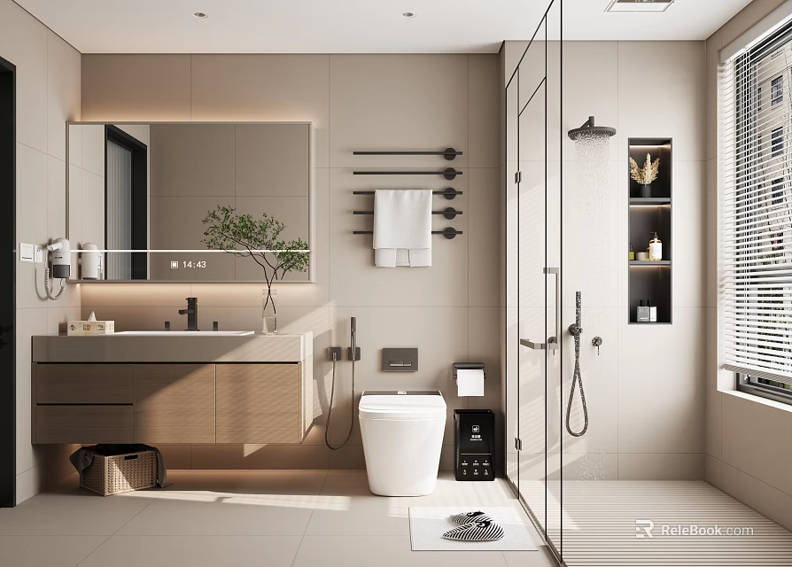 Modern Minimalist Warm Toned Bathroom With Wall Mounted Vanity Smart Toilet And Glass Shower Enclosure 3d model 