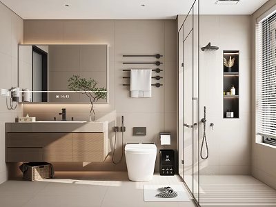 Modern Minimalist Warm Toned Bathroom With Wall Mounted Vanity Smart Toilet And Glass Shower Enclosure 3d model