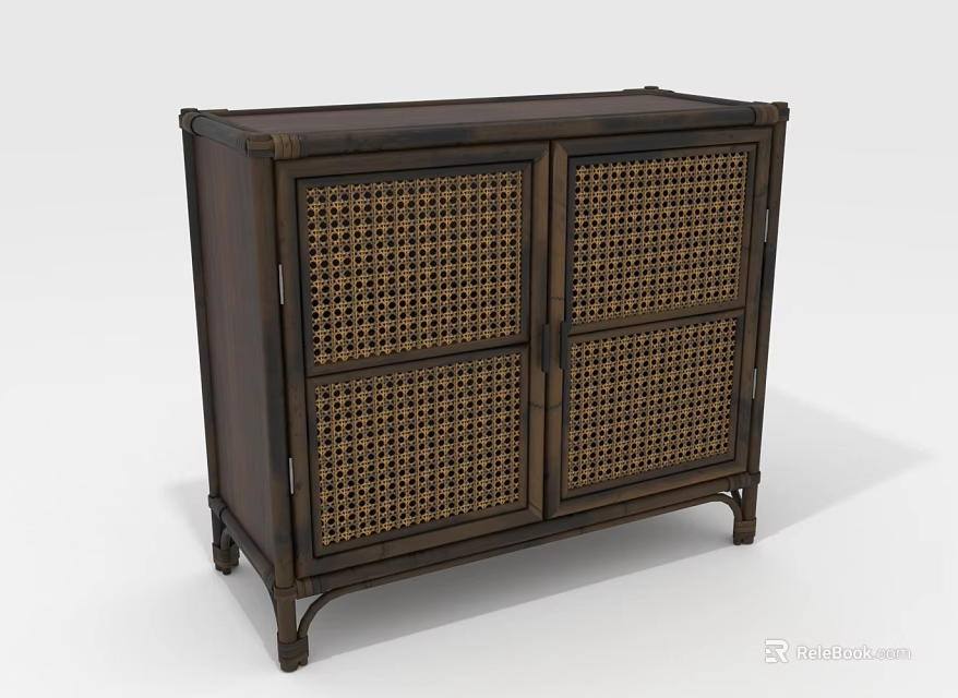 Storage Cabinet with Dark Wood Frame Rattan Panel Doors and Metal Legs 3d model 
