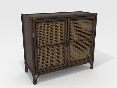 Storage Cabinet with Dark Wood Frame Rattan Panel Doors and Metal Legs 3d model