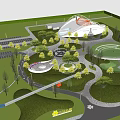 Modern Park Landscape Featuring Green Lawn Curved Bridge Pathway Trees Street Lamp And Blue Sky