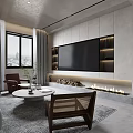 Modern Living and Dining Room Interior With Potted Plant Square Pattern Wall and Gray Floor