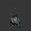 Colorful Fish With Green Blue Scales Big Eyes Bubbles Red Bait Fishhook And Dark Background