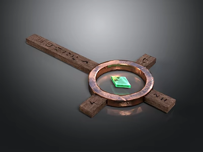 Brown Wooden Blocks And Copper Ring Structure With Green Square Center 3d model