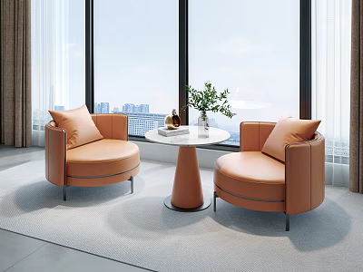 Modern Orange Round Armchairs Meeting Table With White Tabletop Green Plant City View Large Windows 3d model