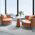 Modern Orange Round Armchairs Meeting Table With White Tabletop Green Plant City View Large Windows