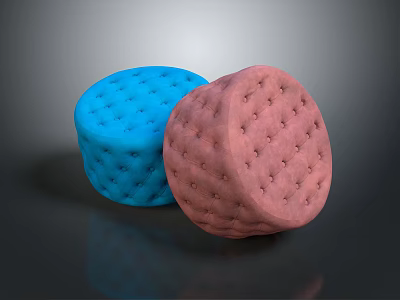 Two Round Sofa Stools with Blue and Pink Upholstery and Stitched Patterns 3d model
