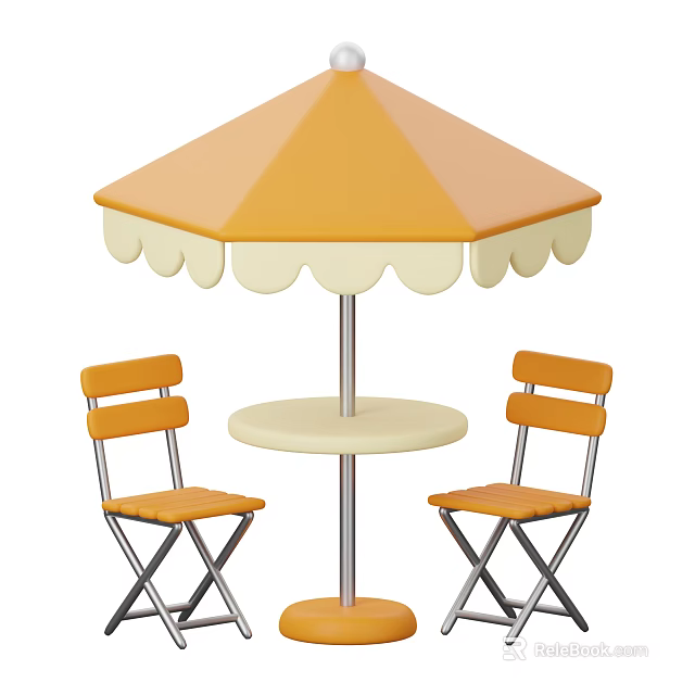 Orange Folding Leisure Chairs With Round Table And Scalloped Edge Umbrella 3d model 