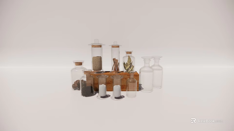 Various Shapes And Sizes Ceramic Vessels With Lids Filled With Spices Herbs And Cinnamon Sticks 3d model 
