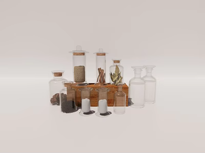 Various Shapes And Sizes Ceramic Vessels With Lids Filled With Spices Herbs And Cinnamon Sticks 3d model
