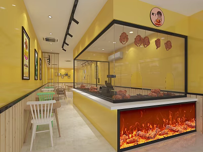 Bright Yellow Restaurant Interior With Glass Display Case Hanging Meat And Flame Decoration 3d model