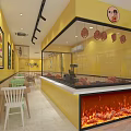 Bright Yellow Restaurant Interior With Glass Display Case Hanging Meat And Flame Decoration
