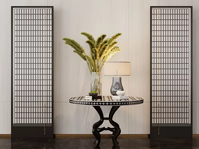 Chinese Style Decorative Flower Table With Green Plants Lamp And Lattice Screens 3d model
