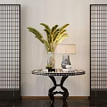 Chinese Style Decorative Flower Table With Green Plants Lamp And Lattice Screens
