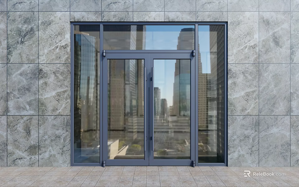 Modern Glass Double Doors With Metal Frame And City Reflection On Stone Wall 3d model 