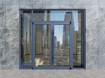 Modern Glass Double Doors With Metal Frame And City Reflection On Stone Wall 3d model