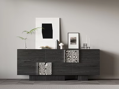 Modern Living Room Sideboard With Decorative Painting Plant Vase Candles And Books 3d model