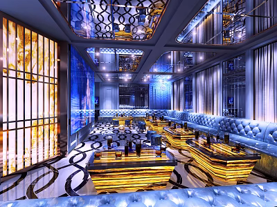Luxurious KTV Interior with Blue Sofas Gold Accents Mirrored Walls and Intricate Ceiling Design 3d model