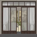 Wooden Frame Glass Sliding Doors With Sheer Curtains Decorative Paintings And Potted Plants