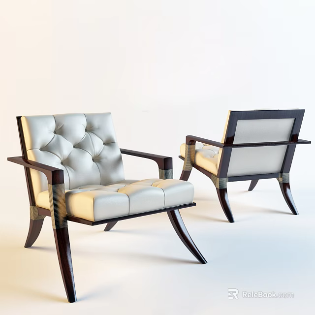 Modern Tufted White Leather Accent Chairs With Dark Wooden Arms And Legs 3d model 