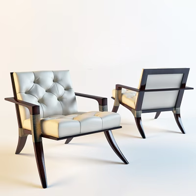 Modern Tufted White Leather Accent Chairs With Dark Wooden Arms And Legs 3d model