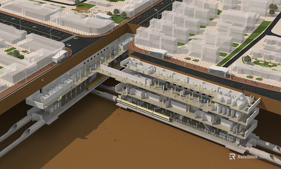 Modern Urban Station With Multi Level Structure Tracks And Surrounding Buildings 3d model
