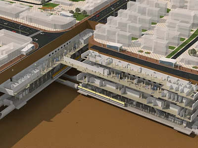 Modern Urban Station With Multi Level Structure Tracks And Surrounding Buildings 3d model