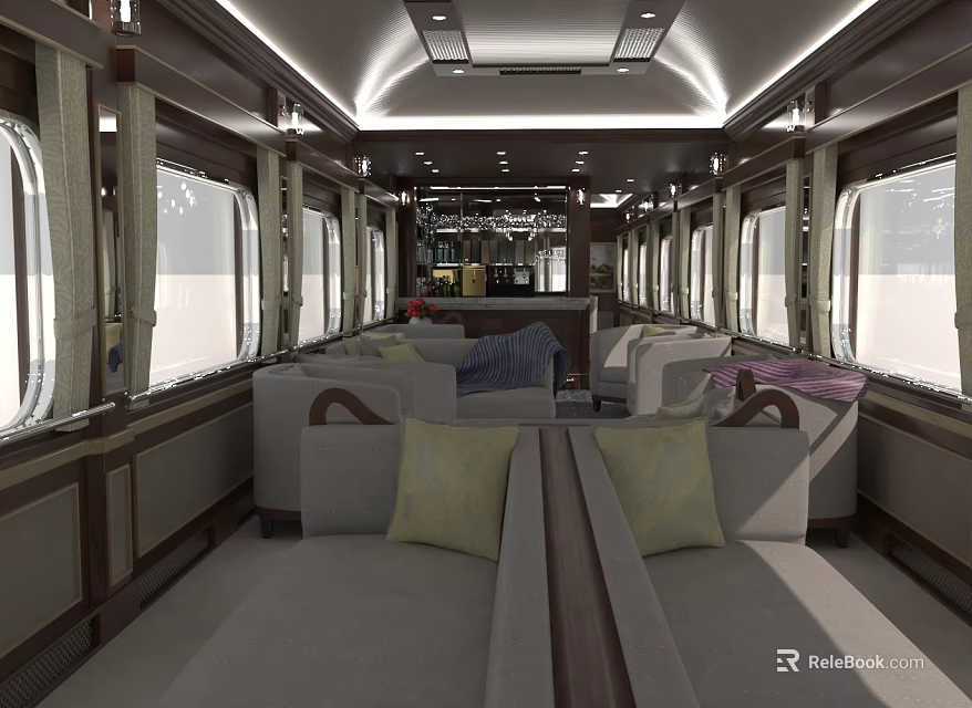 Luxury Train Carriage Interior With Comfortable Sofas Large Windows Wooden Bar Counter And Chandeliers 3d model 