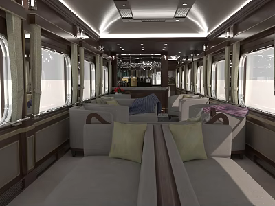 Luxury Train Carriage Interior With Comfortable Sofas Large Windows Wooden Bar Counter And Chandeliers 3d model