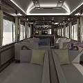 Luxury Train Carriage Interior With Comfortable Sofas Large Windows Wooden Bar Counter And Chandeliers