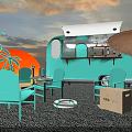 Urban Camping Garden Landscape Featuring Food Truck Wooden Platform Straw Seats and Cactus Trees