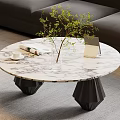 Modern Round Coffee Table With Marble Top Black Geometric Legs And Vase Green Plant Magazine