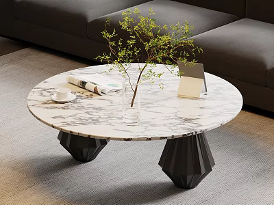 Modern Round Coffee Table With Marble Top Black Geometric Legs And Vase Green Plant Magazine 3d model