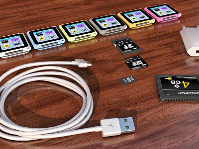 Colorful Smart Devices With USB Cable SD Cards And Power Adapter On Wooden Table 3d model
