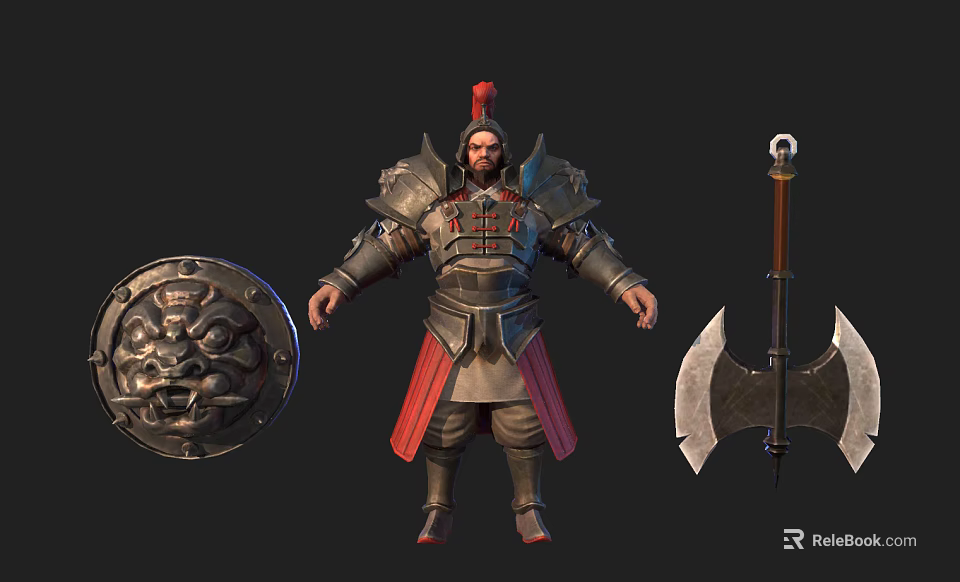 Armored Warrior Character With Mythical Creature Shield And Battle Axe 3d model